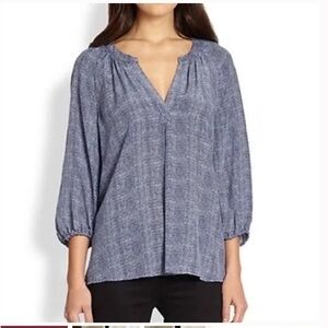 Joie Addie B Blouse Top Shirt Navy Blue White Long Sleeve 100% Silk V-Neck Small